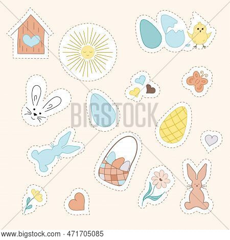 Stickers Easter. Vector Rabbit, Bunny, Egg, Basket, Flower, Birdhouse, Chick, Sun, Heart, Butterfly.