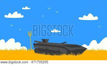 A Destroyed Tank In Front Of A Yellow Field And Blue Sky. Vector Illustration