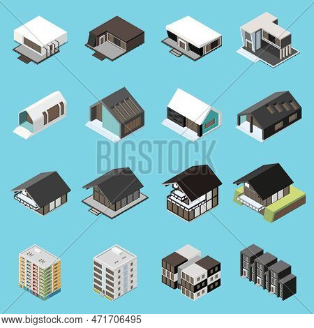 Modular Frame Building Isometric Icons Set With Mobile House Constructions Isolated Vector Illustrat