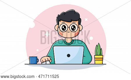 Smiling Boy Working On Laptop With Coffee Cup And Plant. Concept Of Online Education Or Freelace Wor