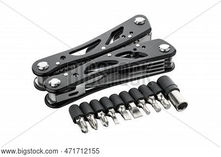 Steel Multitool Isolated On White Background. Opened Multitool With Pliers, File, Blade, Screwdriver