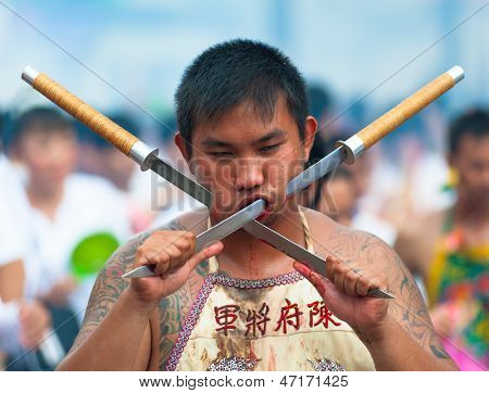 PHUKET, Thajsko - 23 října: neznámý účastník průvodu 23 října 2012 vegetarián Festiva