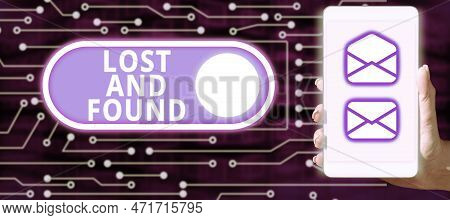 Sign Displaying Lost And Found. Business Overview Place Where You Can Find Forgotten Things Search S