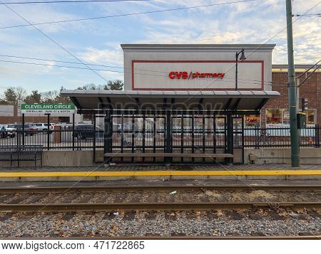 Brighton, Boston, Usa - Jan. 1, 2023: Boston Mbta Green Line C Branch Terminal Cleveland Circle Plat