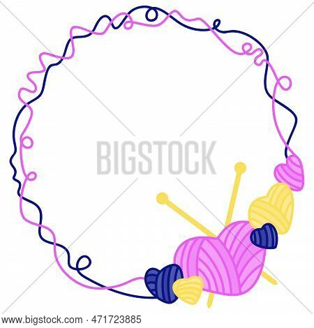 Vector Frame Made Of Yarn In The Form Of Hearts With Knitting Needles. Knitting Threads, Knitting Ne