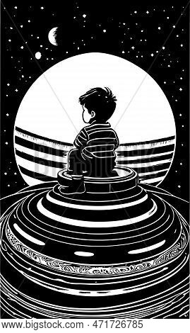 Boy Sitting Alone Against The Background Of The Night Sky, Stars And Moon. Art Design For Print, Cov