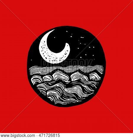 Crescent Moon Over The Sea. Poetic Abstract Illustration. Art Design For Print, Cover, Wall Art. Vec
