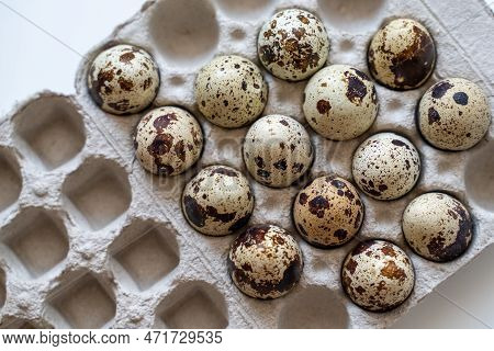 Spotted Quail Eggs In An Egg Box On A Light Background, Natural Eco-friendly Products.