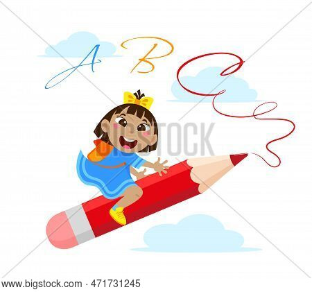 Сheerful Schoolgirl Flies Astride A Pencil On A White Background With Blue Clouds And Writes The Alp