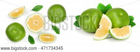 Citrus Sweetie Or Pomelit, Oroblanco With Slices And Leaf Isolated On White Background Close-up. Top