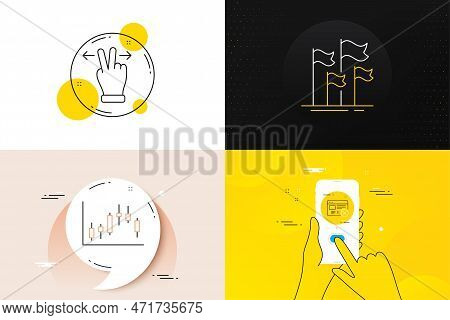 Minimal Set Of Reject Web, Candlestick Graph And Flags Line Icons. Phone Screen, Quote Banners. Touc