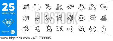 Outline Icons Set. Quick Tips, Covid Test And Timeline Icons. Coronavirus, Checklist, 360 Degree Web