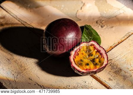 Fresh Passion Fruits. Healthy Fruit. Food Recipe Background. Close Up.