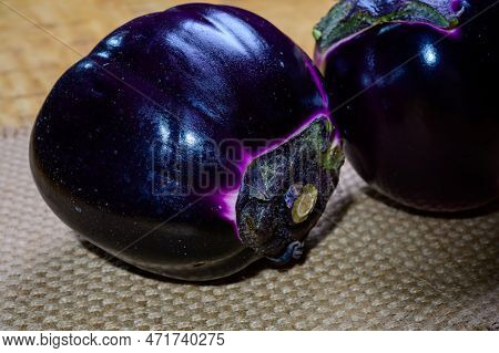 Fresh Ripe Sicilian Purple Globe Violetta Eggplants Vegetables Ready To Cook, Healthy Italian Food