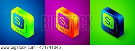 Isometric Bingo Icon Isolated On Blue, Purple And Green Background. Lottery Tickets For American Bin