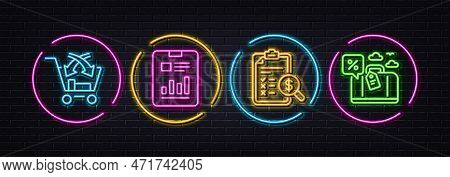 Accounting Report, Report Document And Cross Sell Minimal Line Icons. Neon Laser 3d Lights. Travel L