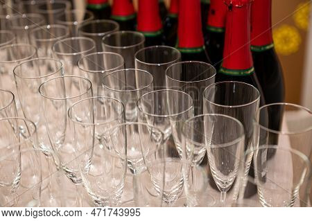 Catering Services. Rows Of Shampagne Glasses At Restaurant Party Or Celebration, Close-up
