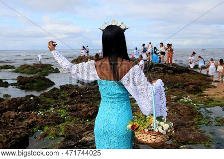 Salvador, Bahia, Brazil - February 2, 2023: Candoble Supporters And Orixa Iemanja Supporters Visit R