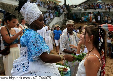 Salvador, Bahia, Brazil - February 2, 2023: Candoble Supporters And Orixa Iemanja Supporters Visit R