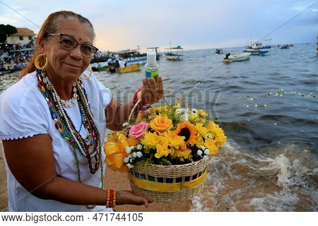 Salvador, Bahia, Brazil - February 2, 2023: Candoble Supporters And Orixa Iemanja Supporters Visit R