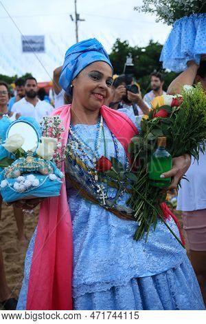 Salvador, Bahia, Brazil - February 2, 2023: Candoble Supporters And Orixa Iemanja Supporters Visit R