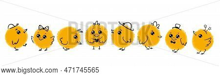 Set Of Cute Cartoon Chicks. Easter Hand Drawing Chickens. Fluffy Yellow Chicks With Line Art Element