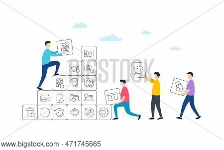 Recovery Line Icons. People Team Work Concept. Backup, Restore Data And Recover Document. Laptop Ren