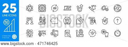 Outline Icons Set. Atom, Electric Plug And Divider Document Icons. Computer Fan, Quick Tips, Wind En