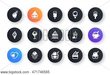 Ice Cream Icons Set. Vanilla Sundae, Bubble Waffle, Frozen Yogurt. Sweet Dessert Food, Milkshake Wit