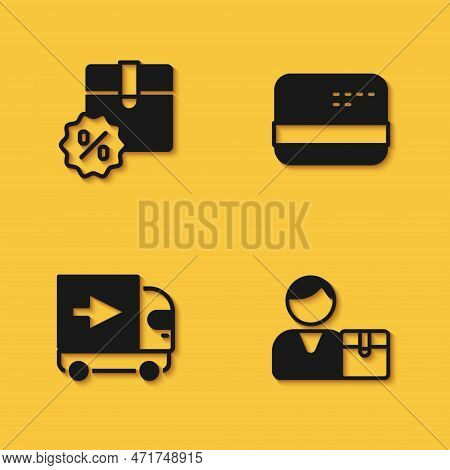 Set Cardboard Box With Discount, Buyer, Delivery Cargo Truck And Credit Card Icon With Long Shadow. 