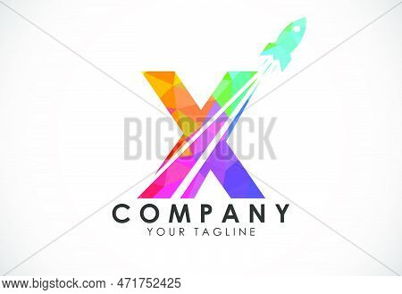 Polygonal Alphabet X With A Rocket Logo Design. Rocket Icon. Low Poly Graphic Alphabet Symbol