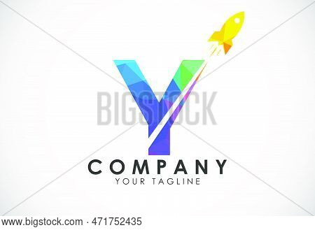 Polygonal Alphabet Y With A Rocket Logo Design. Rocket Icon. Low Poly Graphic Alphabet Symbol