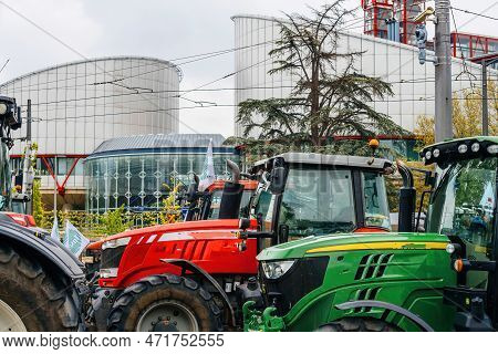 Strasbourg, France - April 30, 2021: Tractors Roll For Farmer Protest In Front Of In Echr European C