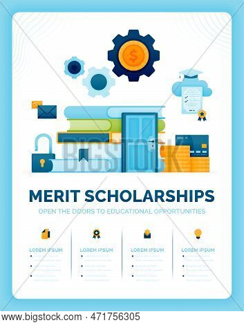 Vector Illustration Of Merit Based Scholarships To Open Doors To Educational Opportunities. Unlockin