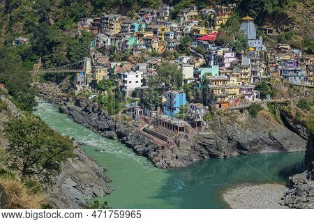 Hotels And Resorts Of Devprayag, Garhwal, Uttarakhand, India. Bhagirathi River From Left Side And Al