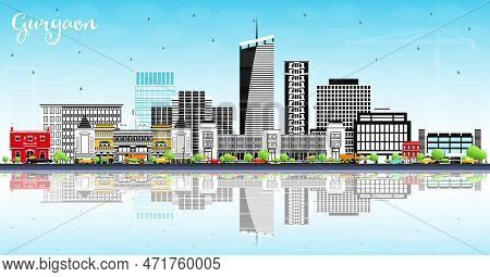 Gurgaon India City Skyline With Gray Buildings, Blue Sky And Reflections. Vector Illustration. Busin
