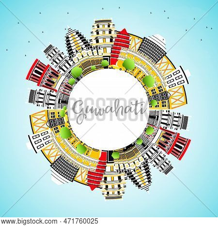 Guwahati India City Skyline With Color Buildings, Blue Sky And Copy Space. Vector Illustration. Busi