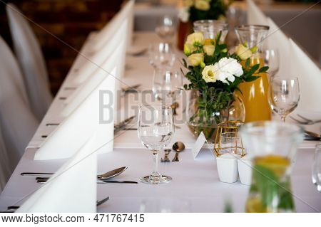 Tableware And Table Decorations At Celebrations View From Above The Table To The Banquet Hall