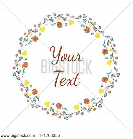 Flowers Wreath. Willow Buds, Flower, Heart. Easter Doodle Vector Illustration. Template Spring Card.