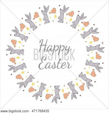 Easter Wreath. Rabbit, Flowers, Heart. Doodle Vector Illustration. Happy Easter Lettering.