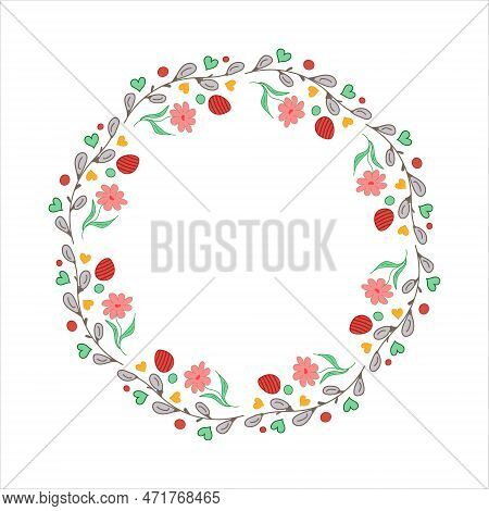 Easter Wreath. Willow Buds, Flowers, Heart, Eggs. Doodle Vector Illustration. Design For Card, Bunne