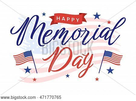 Memorial Day Illustration With American Flag, Remember And Honor To Meritorious Soldier In Flat Cart