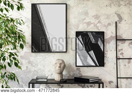 Interior Design Of Loft Living Room Interior With Mock Up Poster Frame, Consola, Stylish Sculpture, 