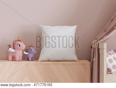 White Square Pillow In Kids Room. Blank Cushion Case Template For Your Graphic Design Presentation. 