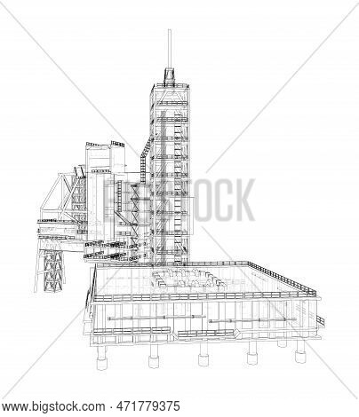 Launch Pad Whithout Space Rocket. 3d Illustration. Wire-frame Style. Elements Of This Image Furnishe