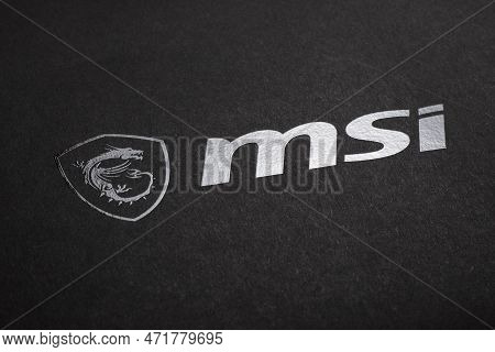 Dnipro, Ukraine - February 23, 2023: Msi Logo On Dark Paper Close Up.
