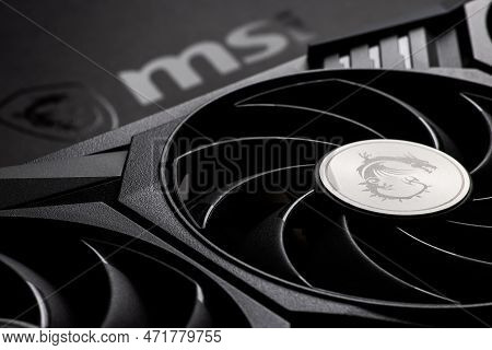 Dnipro, Ukraine - February 23, 2023: Msi Graphics Video Card Details With Logo, Pc Hardware Close-up
