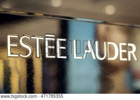 The Logo Of The World Cosmetics Manufacturer Estee Lauder On A Golden Surface. Phuket, Thailand Nove