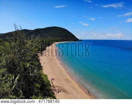 Guadeloupe Perfect Beach Drone View. Caribbean Vacation Landscape. Grande Anse Sandy Beach On Basse-