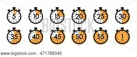 Set Of Timer Icons, Stopwatch, Clock, Timer Symbol, Cooking, Application Or Waiting Time Vector Illu